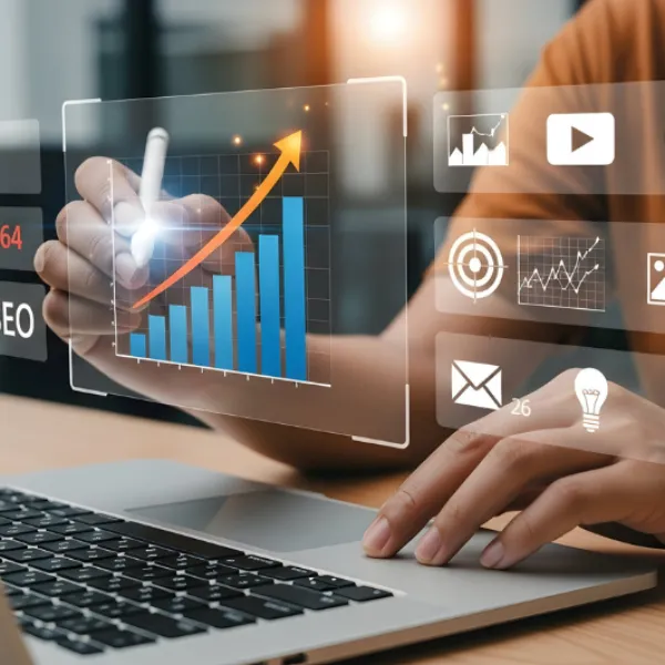 A person is using a laptop and a stylus to interact with a holographic interface displaying a bar graph showing upward growth, social media icons with engagement numbers, and SEO-related elements.